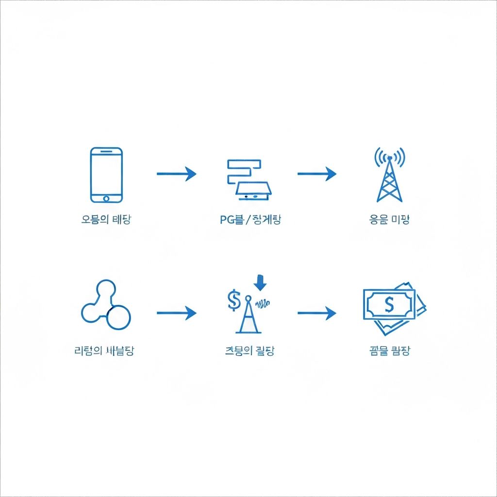 소액결제현금화 흐름도: 결제 요청, PG사 승인, 통신사 확인, 현금 전환